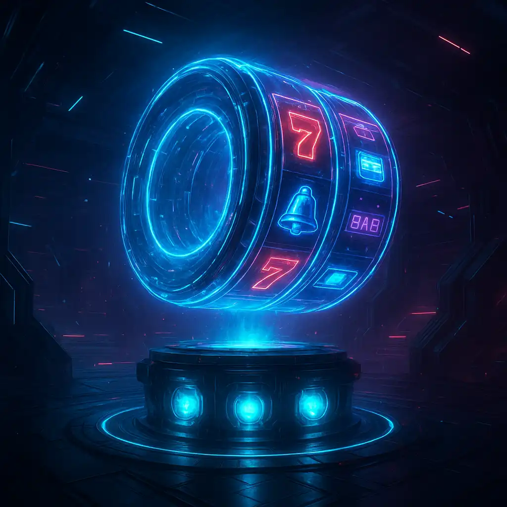Giant holographic slot reel ring floating above a futuristic casino platform
