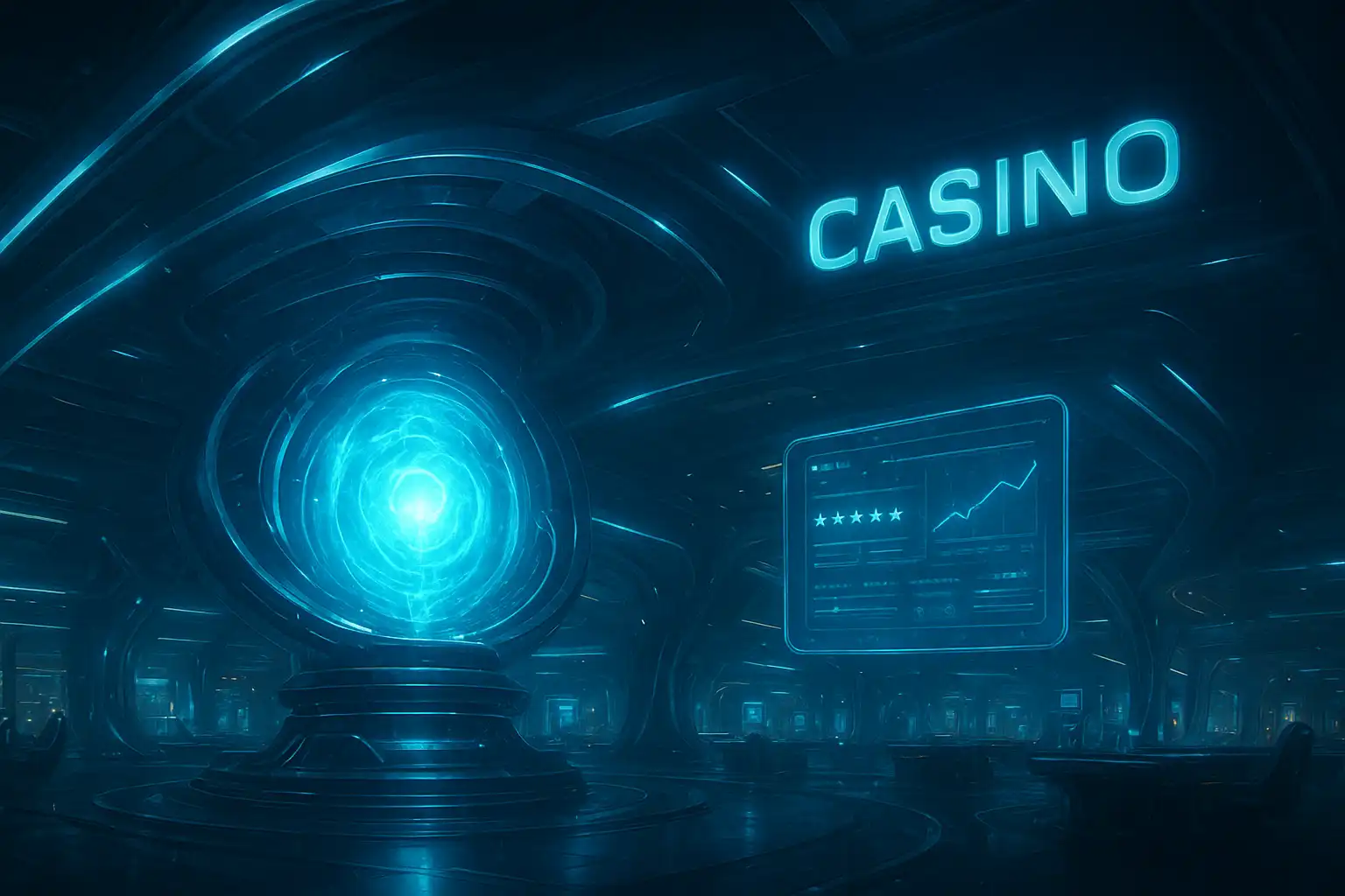 Metallic casino architecture with a glowing energy core beside a review dashboard