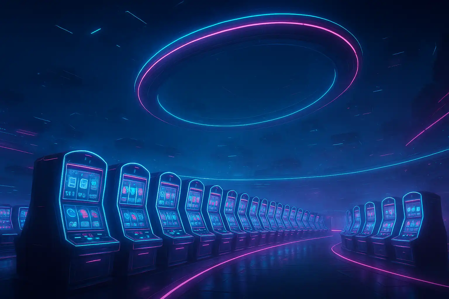 Rows of holographic slot machines arranged along a rotating casino ring