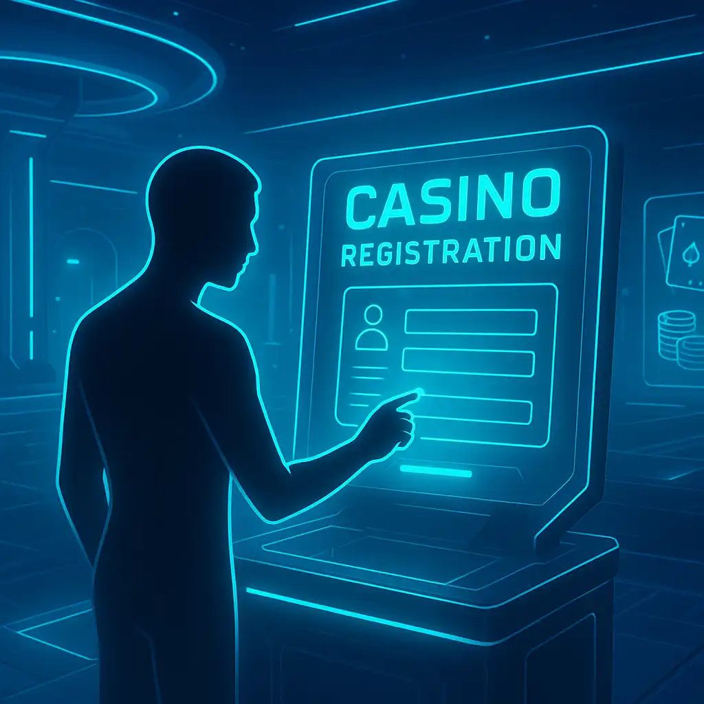 Player registering an account on a holographic terminal